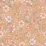 The image is a repeating pattern of various flowers and leaves in shades of pink, white, and green against a light brown background.