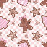 a pink and brown teddy bear pattern on a checkered background