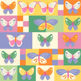 The image is a vibrant and colorful collage of various butterflies, each with unique patterns and designs. The butterflies are arranged in a grid-like pattern, creating a visually striking and playful composition.
