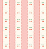 a repeating pattern of pink and white stripes with green cherries on the corners.