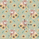 a repeating pattern of brown cows surrounded by yellow sunflowers against a light green background.
