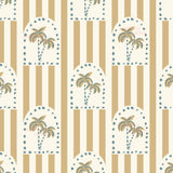 a repeating pattern of arched shapes with palm trees and dots on a striped background.