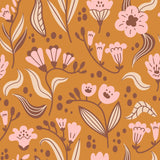 a repeating pattern of pink flowers and leaves against a warm brown background.