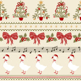 The image is a repeating pattern featuring Christmas trees, red bows, holly leaves, musical notes, and white geese wearing Santa hats.