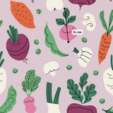 The image is a repeating pattern of various colorful vegetables, including carrots, peas, mushrooms, and radishes, against a pink background.
