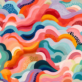 The image is a vibrant and abstract painting featuring a variety of colorful shapes and patterns, including wavy lines, swirls, and splashes of color. The composition is dynamic and visually engaging, with a sense of movement and energy.