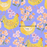The image is a vibrant and colorful pattern featuring yellow chickens surrounded by pink flowers and green leaves against a purple background.