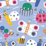 The image is a vibrant and playful pattern featuring various cartoon-style insects and animals, including a butterfly, ladybug, and bee, against a light blue background.
