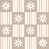 The image is a repeating pattern of white flowers against a light brown background, arranged in a grid-like layout.