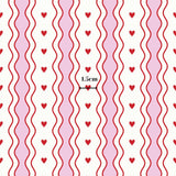 a repeating pattern of pink and white wavy lines with red heart shapes. The pattern is composed of vertical lines and horizontal lines, creating a visually appealing and rhythmic design. The image is approximately 1.5 cm in size.
