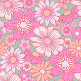The image is a vibrant and colorful pattern featuring a variety of pink and orange flowers, including daisies, roses, and other blooms, arranged in a repeating design.