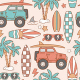 various beach-themed objects and symbols, including a car, surfboards, sunglasses, palm trees, and lightning bolts, all set against a light pink background.