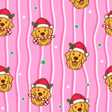 The image is a repeating pattern of cartoon dog faces wearing Santa hats and holding candy canes against a pink background with white stripes and stars.