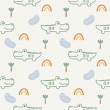 a repeating pattern of stylized crocodiles, rainbows, and palm trees on a light background.