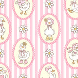 a repeating pattern of oval frames with illustrations of cartoon ducks and flowers on a pink and white striped background.