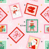 a repeating pattern of Christmas-themed illustrations, including a snowman, a gingerbread man, and a Santa Claus figure, all framed within decorative postage stamps.