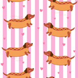 a repeating pattern of cartoon-style hot dogs on a pink and white striped background.