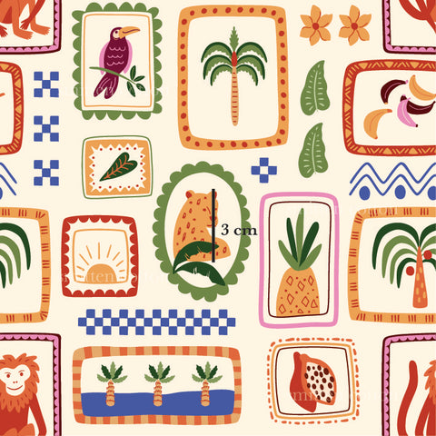 a colorful pattern with animals and plants on a white background