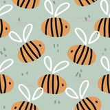 a repeating pattern of stylized orange and black striped bees with white antennae against a light green background.