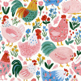 The image is a vibrant and whimsical collage featuring a variety of colorful chickens and flowers. The chickens are depicted in different poses and sizes, with some standing and others sitting, creating a lively and dynamic scene. The flowers are scattered throughout the image, adding a touch of nature and beauty to the overall composition. The colors used are bright and cheerful, contributing to the cheerful and playful atmosphere of the image.