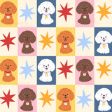 The image is a collage of various cartoon-style dog illustrations, each with a star and a star-shaped background. The dogs are of different colors and sizes, creating a visually appealing and playful pattern.
