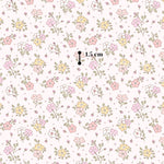 a repeating pattern of pink, yellow, and white flowers and leaves on a light pink background.