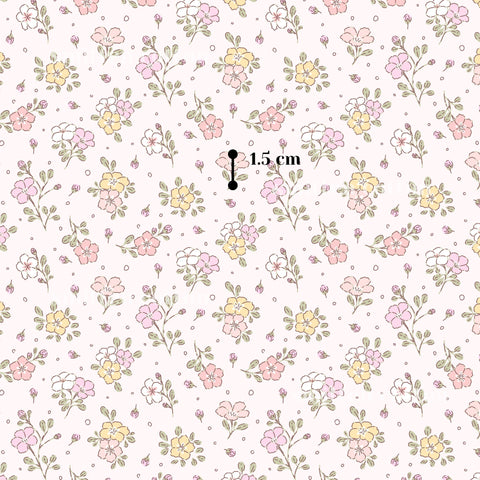 a repeating pattern of pink, yellow, and white flowers and leaves on a light pink background.