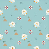 a repeating pattern of various objects and animals, including penguins, life preservers, and palm trees, all set against a light blue background.