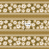 a repeating pattern of white flowers on a brown background, with a small white label indicating the size of the pattern in centimeters.