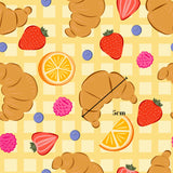 a repeating pattern of various fruits and pastries, including croissants, strawberries, blueberries, and orange slices, all set against a yellow background.