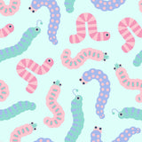 a repeating pattern of colorful caterpillars or worms in shades of pink, blue, and green against a light blue background.