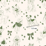 a repeating pattern of stylized illustrations of dogs, including poodles, against a starry background. The dogs are wearing bows and hats, and there is a measurement scale visible in the image.