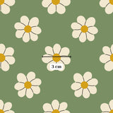 a repeating pattern of white daisy-like flowers against a green background.