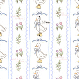 a repeating pattern of cartoon-style illustrations of ducks, flowers, and ribbons. The ducks are wearing yellow boots and have blue bows around their necks. The flowers are pink and purple, and the ribbons are blue. The image is a collage of multiple images, and the text "smilten cotton" is visible, which is likely the name of the pattern or the artist.