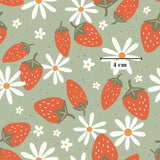 The image is a repeating pattern of red strawberries and white daisies against a light green background.