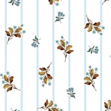 a repeating pattern of floral designs on a white background, with various shades of blue and brown flowers and leaves.