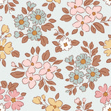 a repeating pattern of various flowers and leaves in different colors, including pink, blue, and yellow. The flowers are arranged in a way that creates a visually appealing and harmonious design.