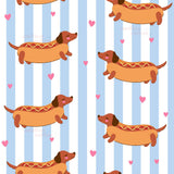 a repeating pattern of cartoon-style hot dogs with mustard and ketchup on a blue and white striped background.