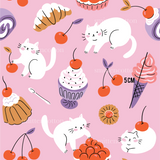 The image is a repeating pattern of various desserts and fruits, including cherries, ice cream, and pastries, all set against a pink background.