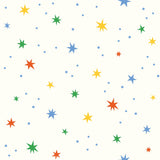 a pattern of colorful stars and dots on a white background.