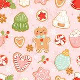 a variety of festive and holiday-themed cookies and candies, including gingerbread cookies, cookies with candy canes, and other seasonal treats. The cookies are arranged in a repeating pattern, creating a visually appealing and cheerful composition.