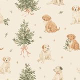 a repeating pattern of illustrations of dogs sitting in various poses, along with a Christmas tree and greenery.