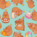 a repeating pattern of cartoon-style illustrations of brown bears wearing party hats and holding various birthday-themed items, such as cakes, balloons, and presents.