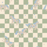 a pattern of stylized horses and stars on a checkered background.