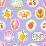 a repeating pattern of various colorful and whimsical illustrations, including a bird, a flower, a lemon, a strawberry, a bow, and other playful elements.