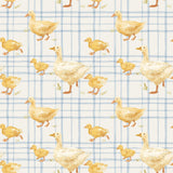 a repeating pattern of yellow ducks on a blue and white checkered background.