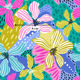 The image is a vibrant and colorful abstract pattern featuring various stylized flowers and leaves in shades of pink, yellow, blue, and green. The pattern is visually striking and dynamic, with a sense of movement and energy.