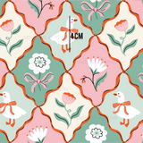 a pattern with a bird and flowers on a pink background