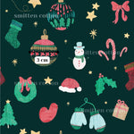 various Christmas-themed objects, including ornaments, a snowman, stockings, a wreath, a gift, and a star, all set against a dark green background with stars and snowflakes.
