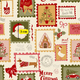 The image is a seamless pattern featuring various Christmas-themed elements such as a Christmas tree, Santa Claus, postage stamps, and other holiday decorations.